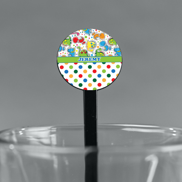 Dinosaur Print & Dots Black Plastic 7" Stir Stick - Round - Main