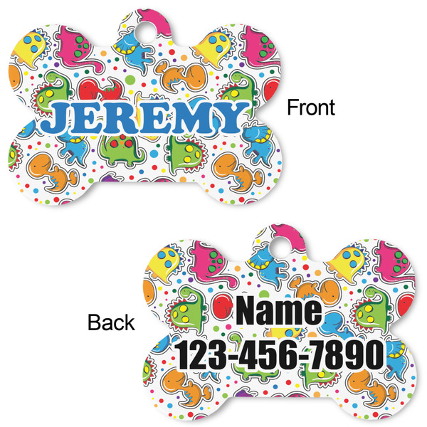 Dinosaur Print & Dots Bone Shaped Dog Tag - Front & Back