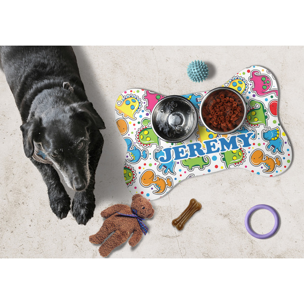 Dinosaur Print & Dots Bone Shaped Mat w/ Food & Water