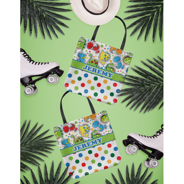 Dinosaur Print & Dots Canvas Tote Lifestyle Front and Back