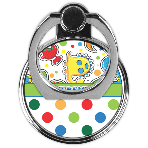 Dinosaur Print & Dots Cell Phone Ring Stand & Holder - Front (Collapsed)