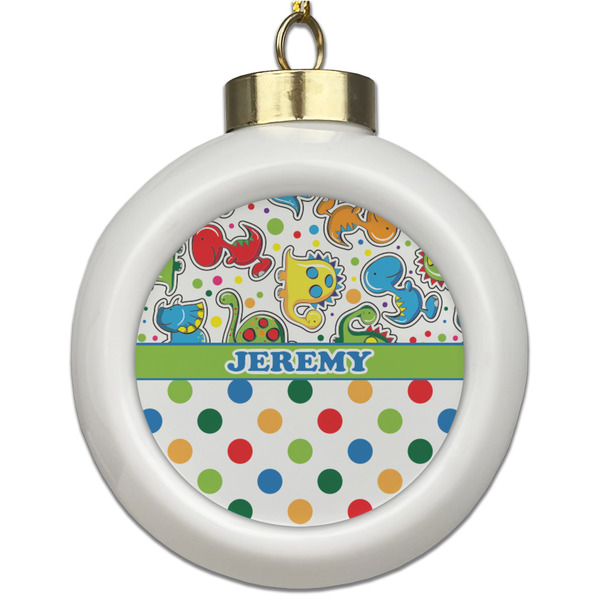 Custom Dinosaur Print & Dots Ceramic Ball Ornament (Personalized)