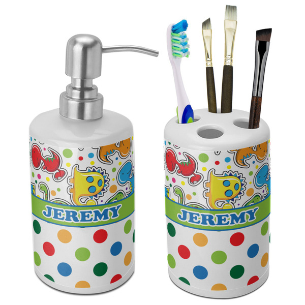 Custom Dinosaur Print & Dots Ceramic Bathroom Accessories Set (Personalized)