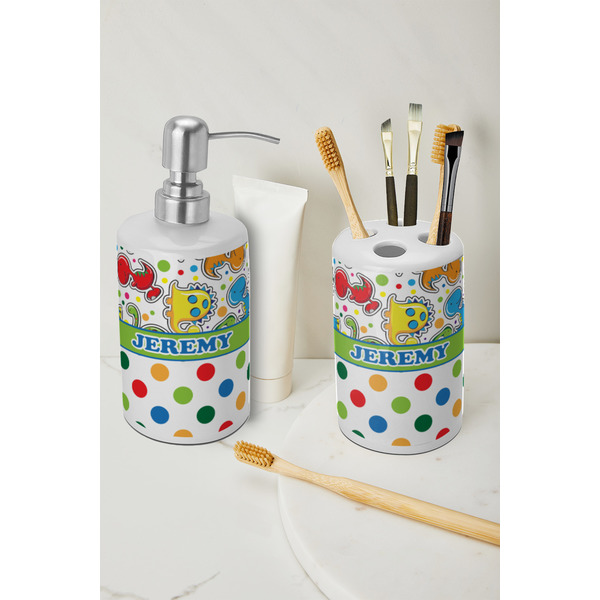 Dinosaur Print & Dots Ceramic Bathroom Accessories - LIFESTYLE (toothbrush holder & soap dispenser)