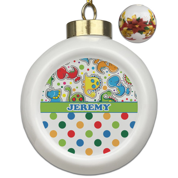 Custom Dinosaur Print & Dots Ceramic Ball Ornaments - Poinsettia Garland (Personalized)