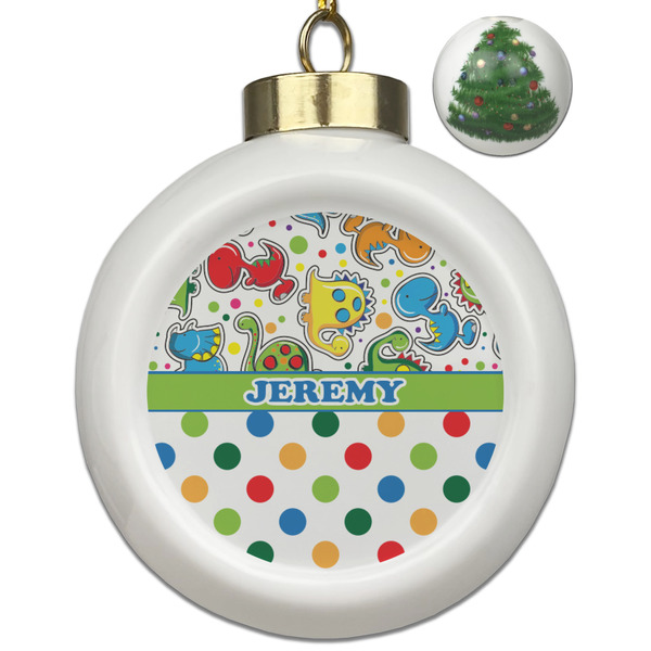 Custom Dinosaur Print & Dots Ceramic Ball Ornament - Christmas Tree (Personalized)