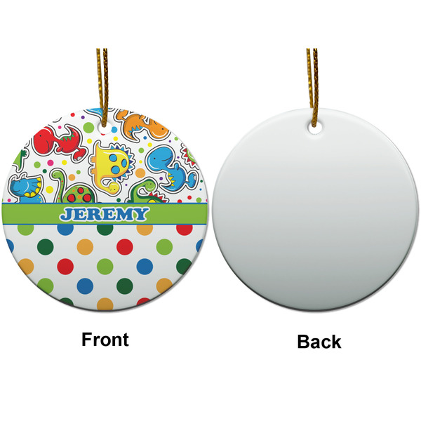 Dinosaur Print & Dots Ceramic Flat Ornament - Circle Front & Back (APPROVAL)