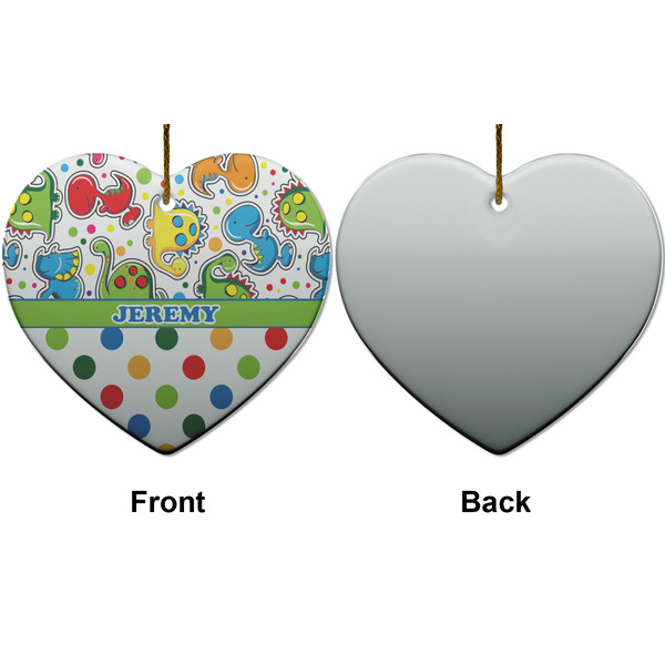 Dinosaur Print & Dots Ceramic Flat Ornament - Heart Front & Back (APPROVAL)