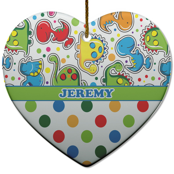 Dinosaur Print & Dots Ceramic Flat Ornament - Heart (Front)
