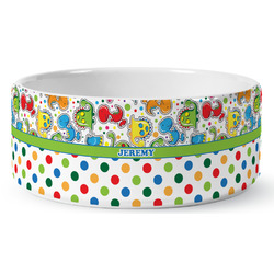 Dinosaur Print & Dots Ceramic Dog Bowl - Large (Personalized)