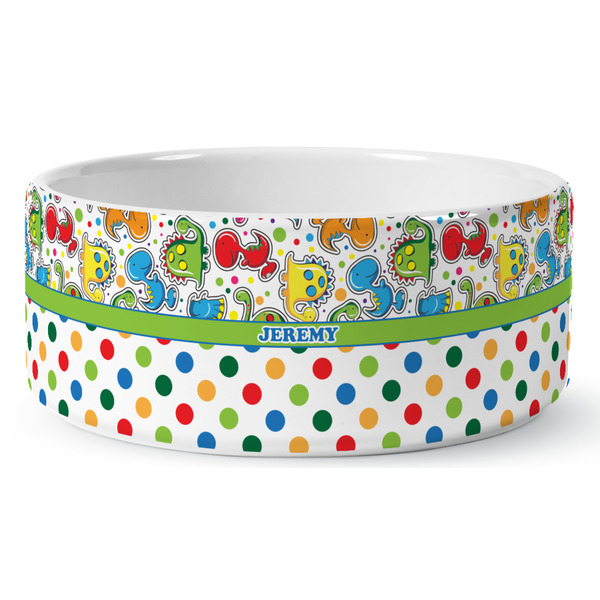Custom Dinosaur Print & Dots Ceramic Dog Bowl (Personalized)