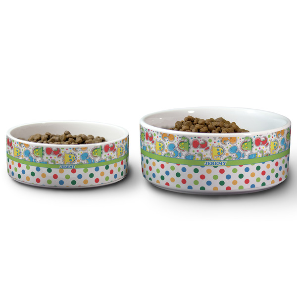 Dinosaur Print & Dots Ceramic Dog Bowls - Size Comparison