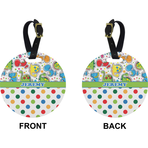Dinosaur Print & Dots Circle Luggage Tag (Front + Back)