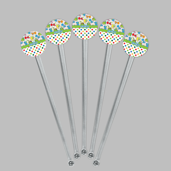 Dinosaur Print & Dots Clear Plastic 7" Stir Stick - Round - Fan View