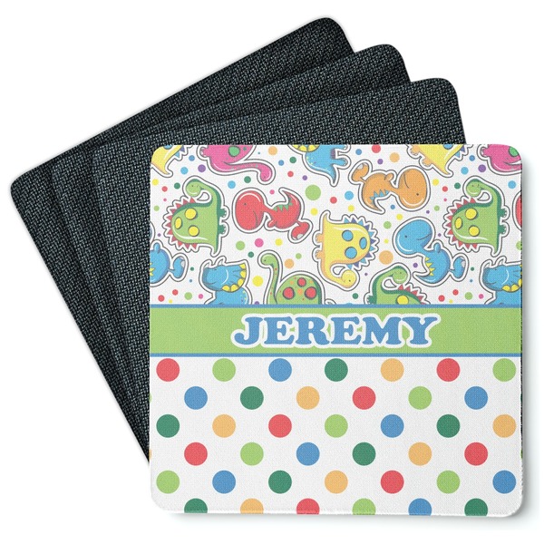 Custom Dinosaur Print & Dots Square Rubber Backed Coasters - Set of 4 (Personalized)