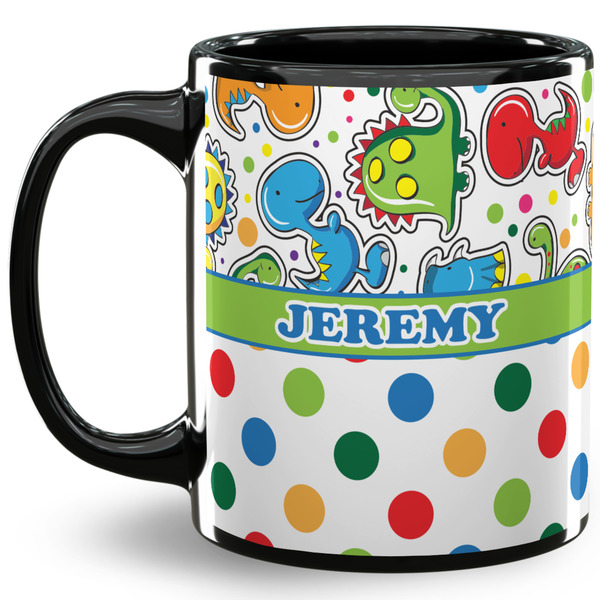 Custom Dinosaur Print & Dots 11 Oz Coffee Mug - Black (Personalized)
