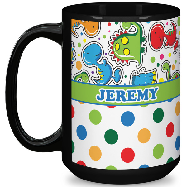 Custom Dinosaur Print & Dots 15 Oz Coffee Mug - Black (Personalized)