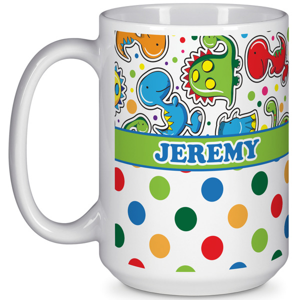 Custom Dinosaur Print & Dots 15 Oz Coffee Mug - White (Personalized)