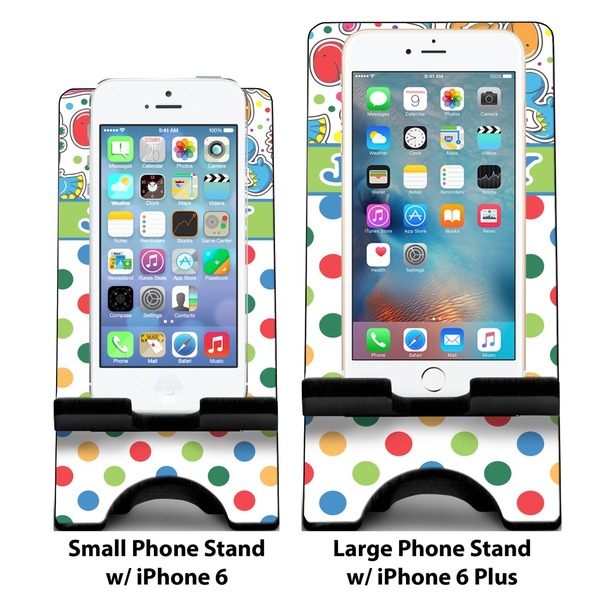 Dinosaur Print & Dots Compare Phone Stand Sizes - with iPhones