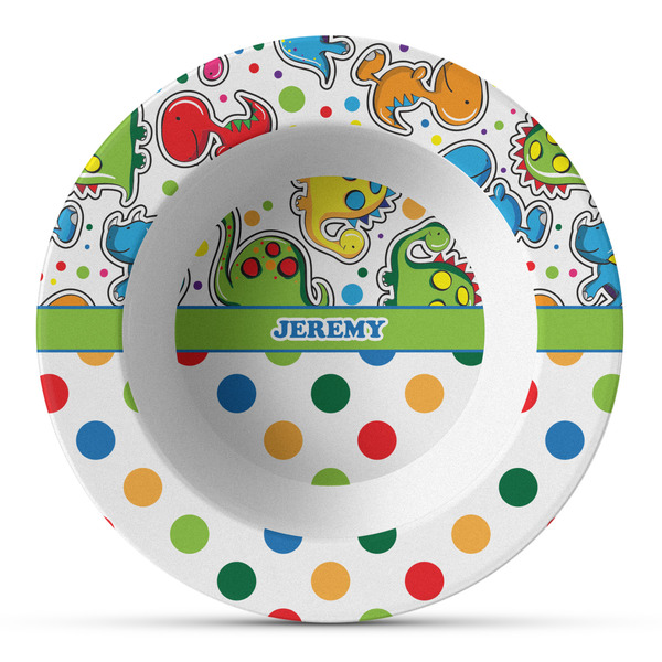 Custom Dinosaur Print & Dots Plastic Bowl - Microwave Safe - Composite Polymer (Personalized)