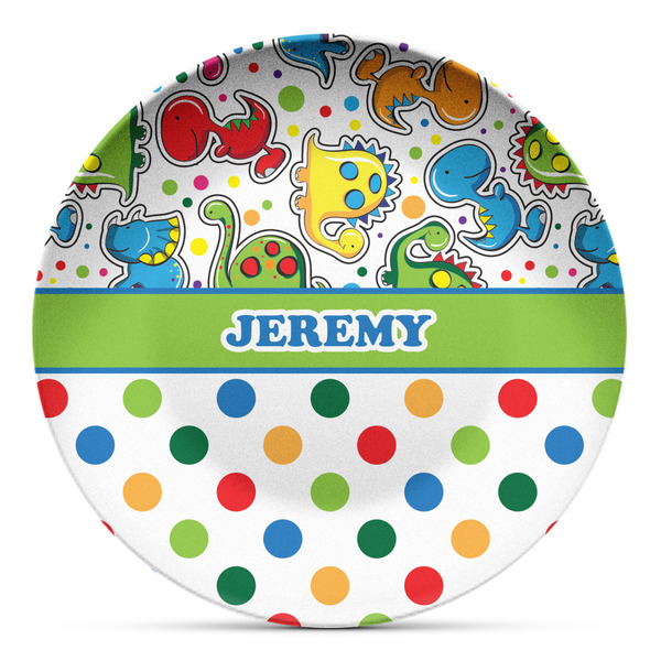 Custom Dinosaur Print & Dots Microwave Safe Plastic Plate - Composite Polymer (Personalized)