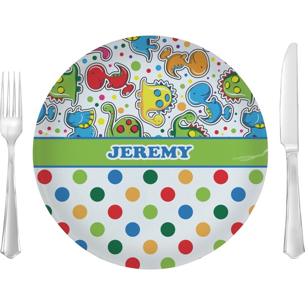 Custom Dinosaur Print & Dots 10" Glass Lunch / Dinner Plates - Single or Set (Personalized)