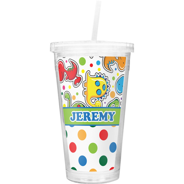 Custom Dinosaur Print & Dots Double Wall Tumbler with Straw (Personalized)