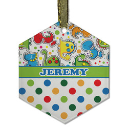 Dinosaur Print & Dots Flat Glass Ornament - Hexagon w/ Name or Text