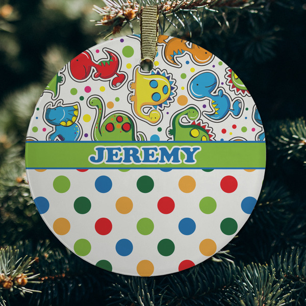 Dinosaur Print & Dots Frosted Glass Ornament - Round (Lifestyle)