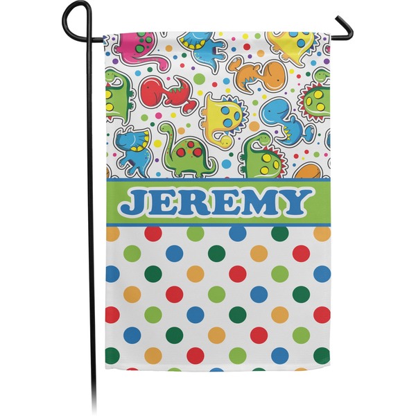 Custom Dinosaur Print & Dots Small Garden Flag - Double Sided w/ Name or Text