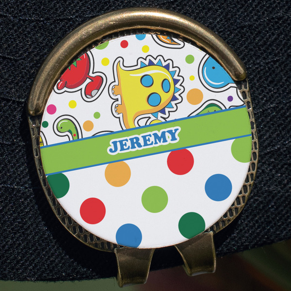 Dinosaur Print & Dots Golf Ball Marker Hat Clip - Gold - Close Up
