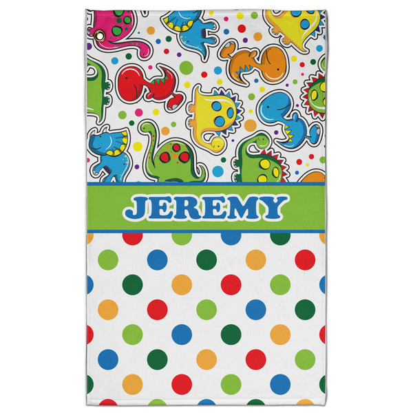 Custom Dinosaur Print & Dots Golf Towel - Poly-Cotton Blend - Large w/ Name or Text