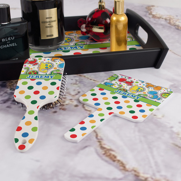 Dinosaur Print & Dots Hair Brush and Hand Mirror - Bathroom Scene
