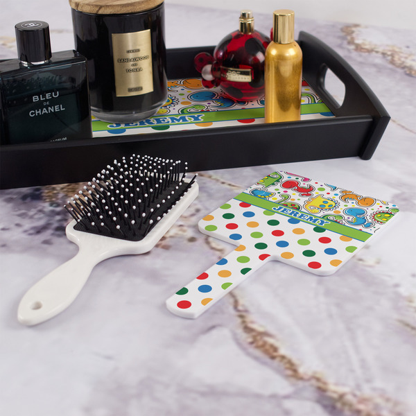 Dinosaur Print & Dots Hand Mirror - With Hair Brush