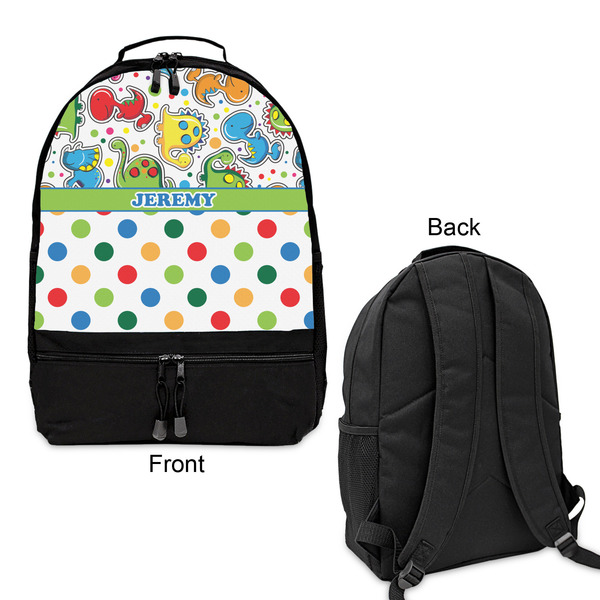 Dinosaur Print & Dots Large Backpack - Black - Front & Back View
