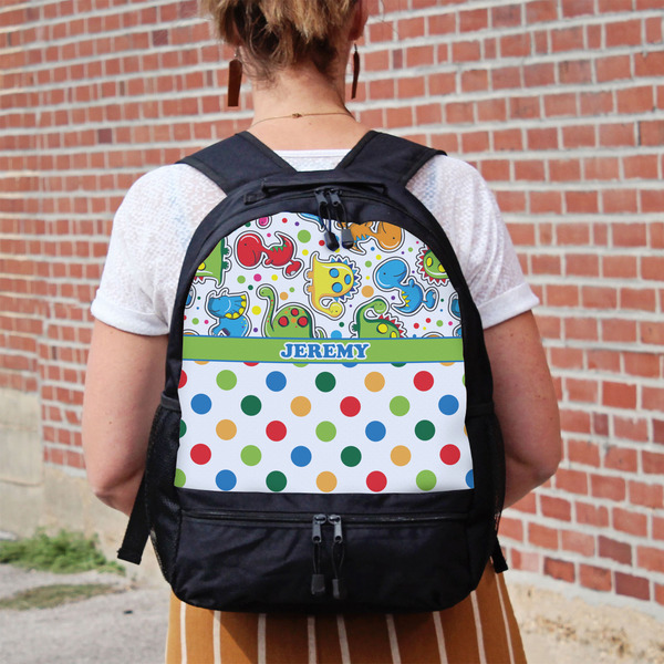 Dinosaur Print & Dots Large Backpack - Black - On Back