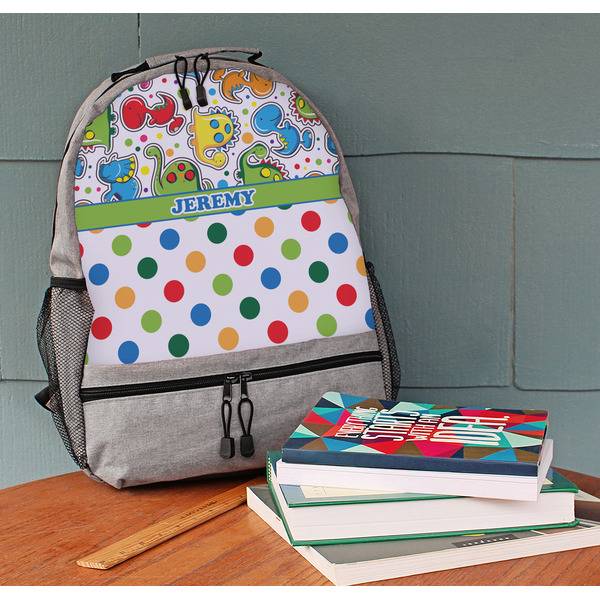Dinosaur Print & Dots Large Backpack - Gray - On Desk