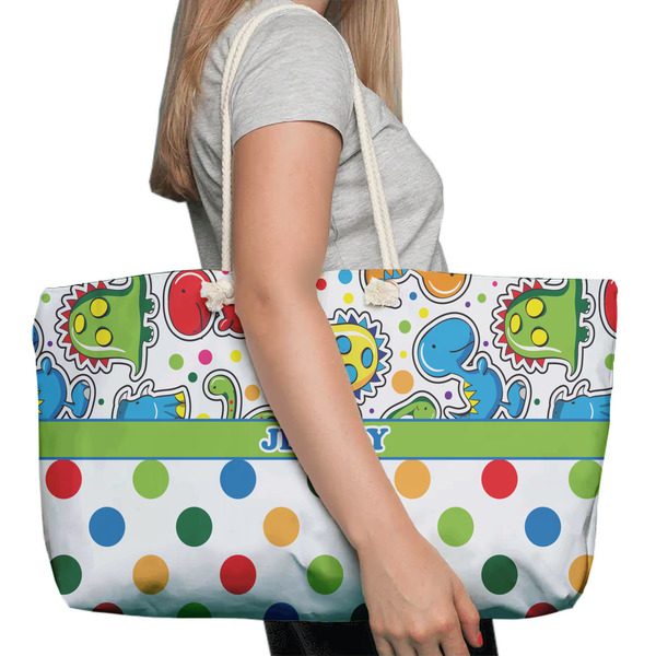 Dinosaur Print & Dots Large Rope Tote Bag - In Context View