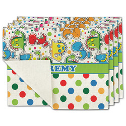 Dinosaur Print & Dots Single-Sided Linen Placemat - Set of 4 w/ Name or Text
