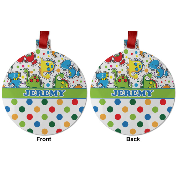 Dinosaur Print & Dots Metal Ball Ornament - Front and Back