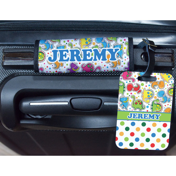 Dinosaur Print & Dots Metal Luggage Tag & Handle Wrap - In Context