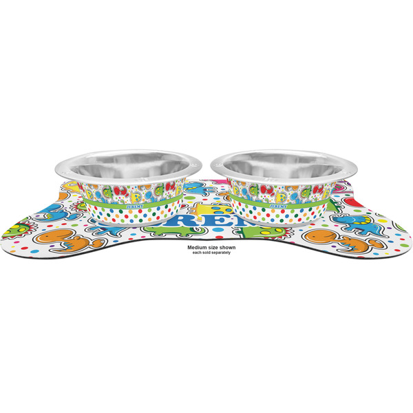 Dinosaur Print & Dots Metal Pet Bowls - On Dog Bone Shaped Mat