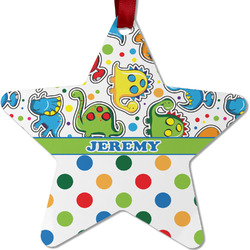 Dinosaur Print & Dots Metal Star Ornament - Double Sided w/ Name or Text