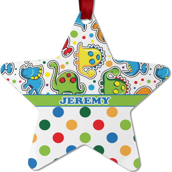 Custom Dinosaur Print & Dots Metal Star Ornament - Double Sided w/ Name or Text