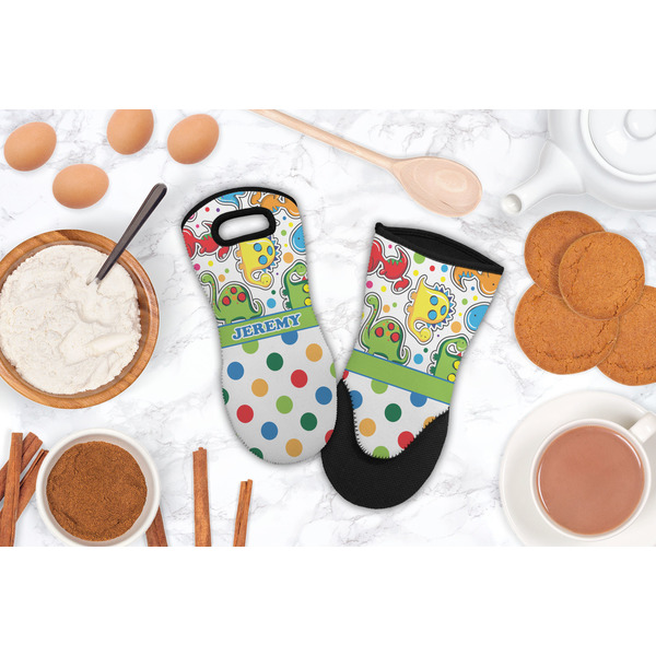 Dinosaur Print & Dots Neoprene Oven Mitt - Lifestyle Image