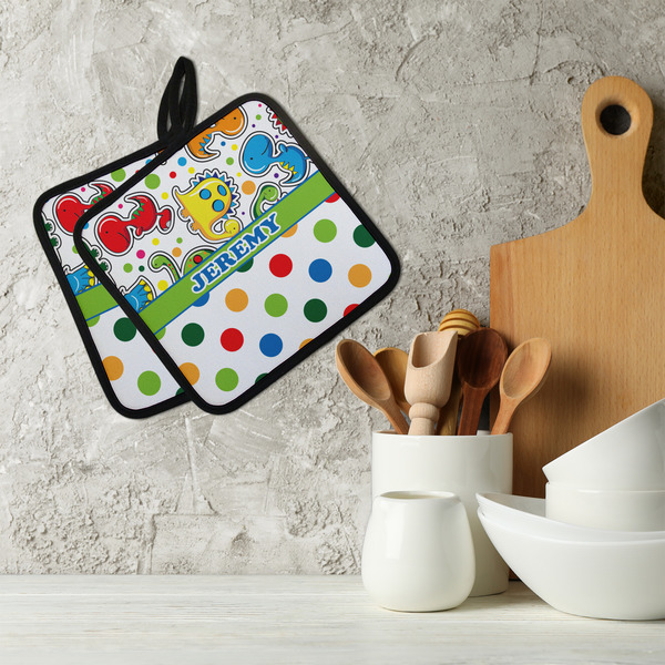 Dinosaur Print & Dots Neoprene Pot Holder - Set of 2  LIFESTYLE