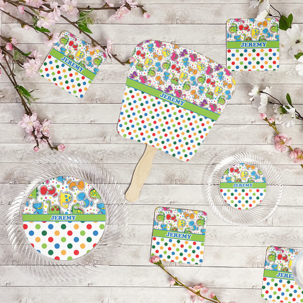 Dinosaur Print & Dots Party Supplies Combination Image - All items - Plates, Coasters, Fans