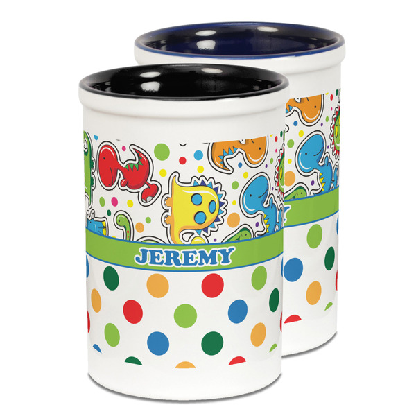Custom Dinosaur Print & Dots Ceramic Pencil Holder - Large