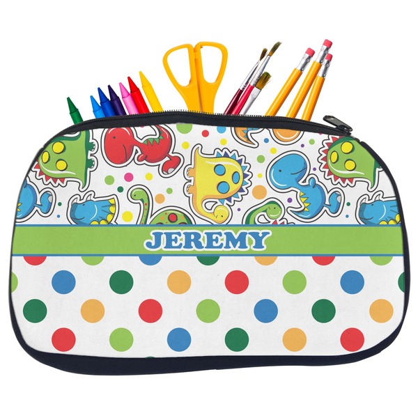 Custom Dinosaur Print & Dots Neoprene Pencil Case - Medium w/ Name or Text