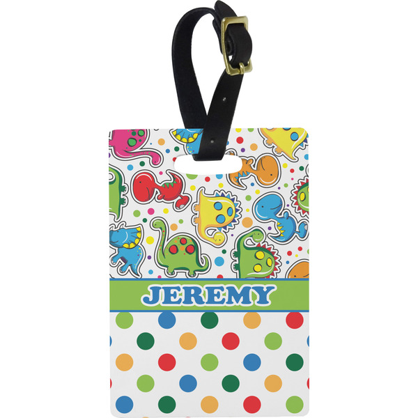 Custom Dinosaur Print & Dots Plastic Luggage Tag - Rectangular w/ Name or Text